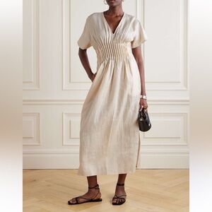 STAUD Cream Smocked Midi Sundress with Dolman Sleeves